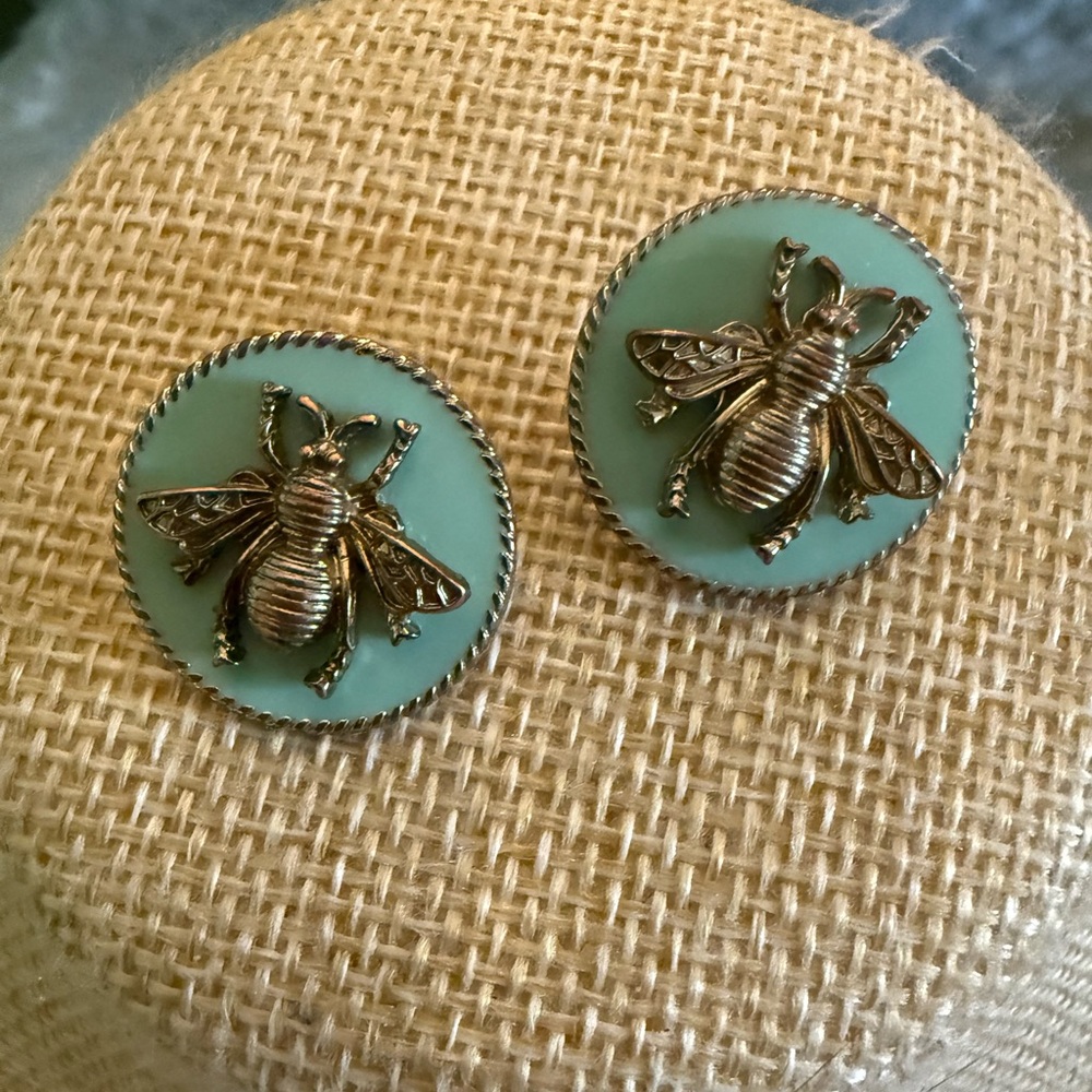 Bee Button Earrings - Mint Green with Brass Bee